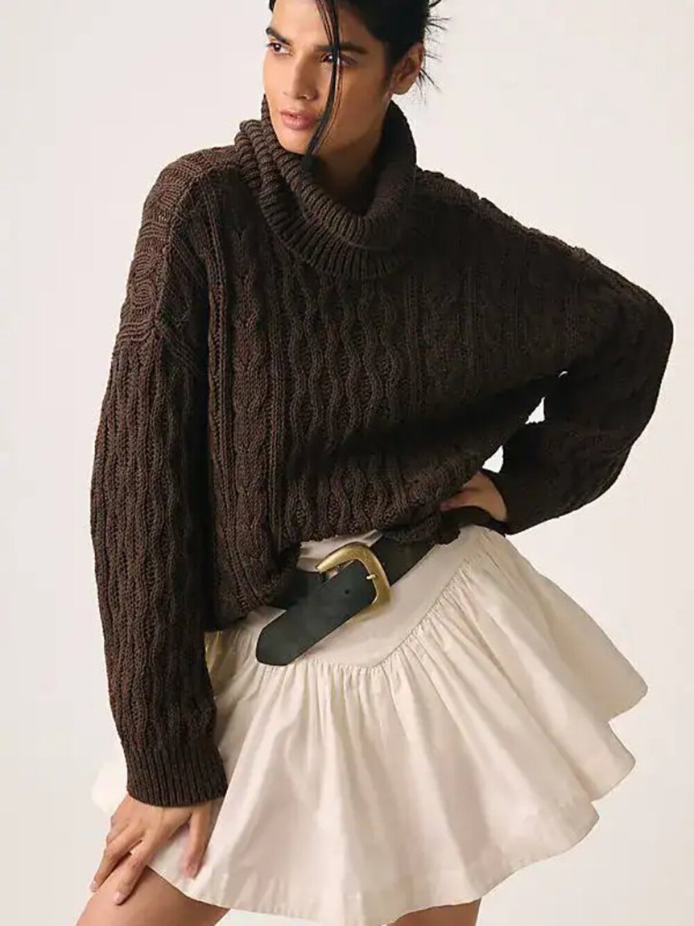 Pilcro XL Brown Cable Knit Oversized Turtleneck Sweater Cozy Minimalism